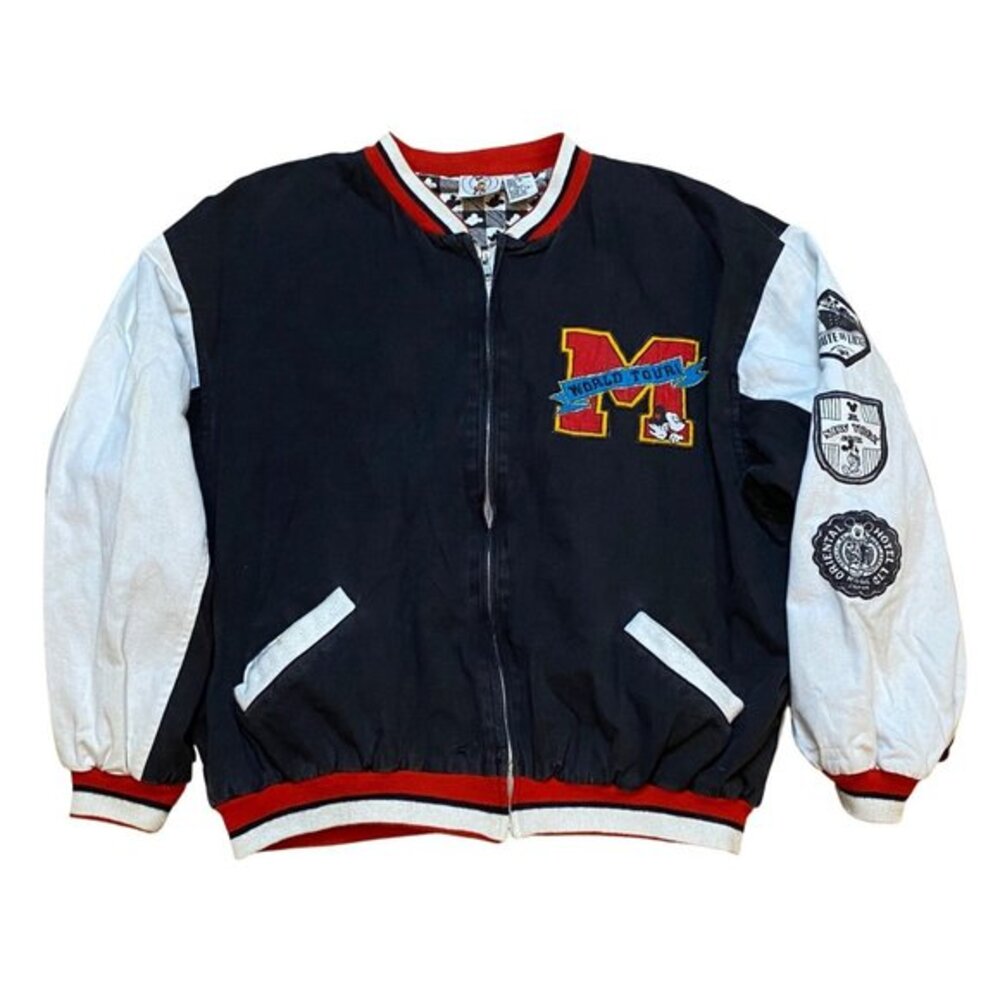 Vintage 90s Mickey & Co. World Tour Varsity Jacket M Black & White Cotton Intern